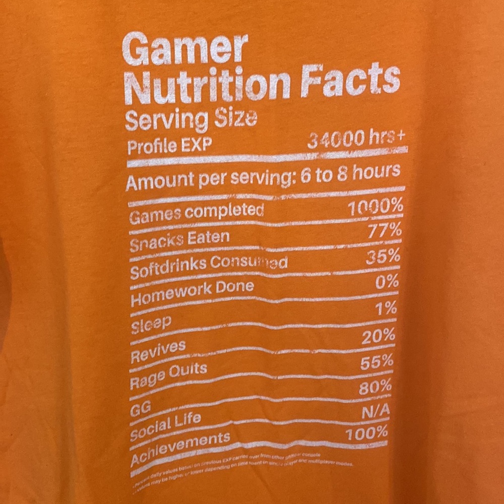 🤑 Gamer Nutrition Facts orange T-shirt, Men’s M